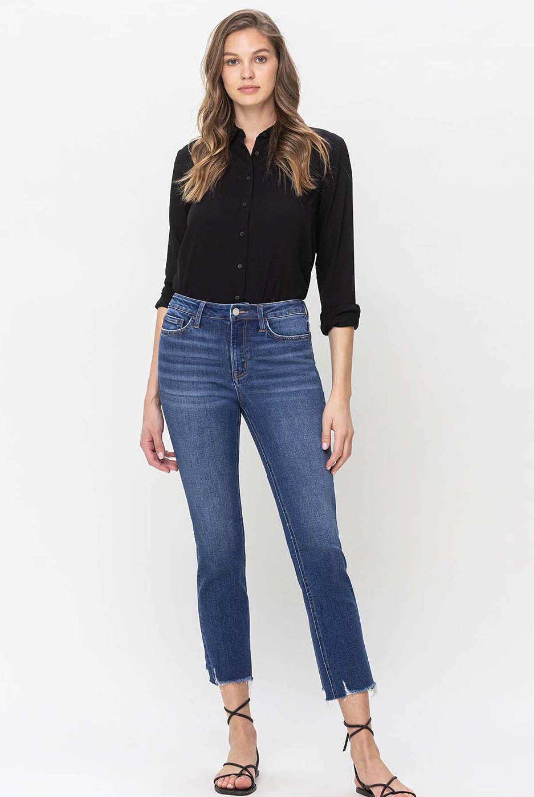 Flying Monkey Cropped Slim Straight - Effusive.  Effusive jeans exude effortless style with their comfortable stretch denim, high rise waist, and chic frayed step hem. The cropped length and slim straight cut elevate any look to a level of fashionable refinement. 