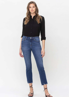 Flying Monkey Cropped Slim Straight - Effusive.  Effusive jeans exude effortless style with their comfortable stretch denim, high rise waist, and chic frayed step hem. The cropped length and slim straight cut elevate any look to a level of fashionable refinement. 