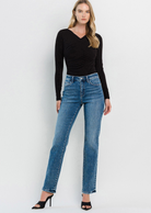 Flying Monkey High Rise Straight. Slip into the ultimate comfort and style with our Illuminate High Rise Straight Jeans. Made with stretch denim, they provide all-day comfort and a flattering fit. The high rise waist accentuates your figure while the full length and straight cut give you a sleek and versatile look. 
