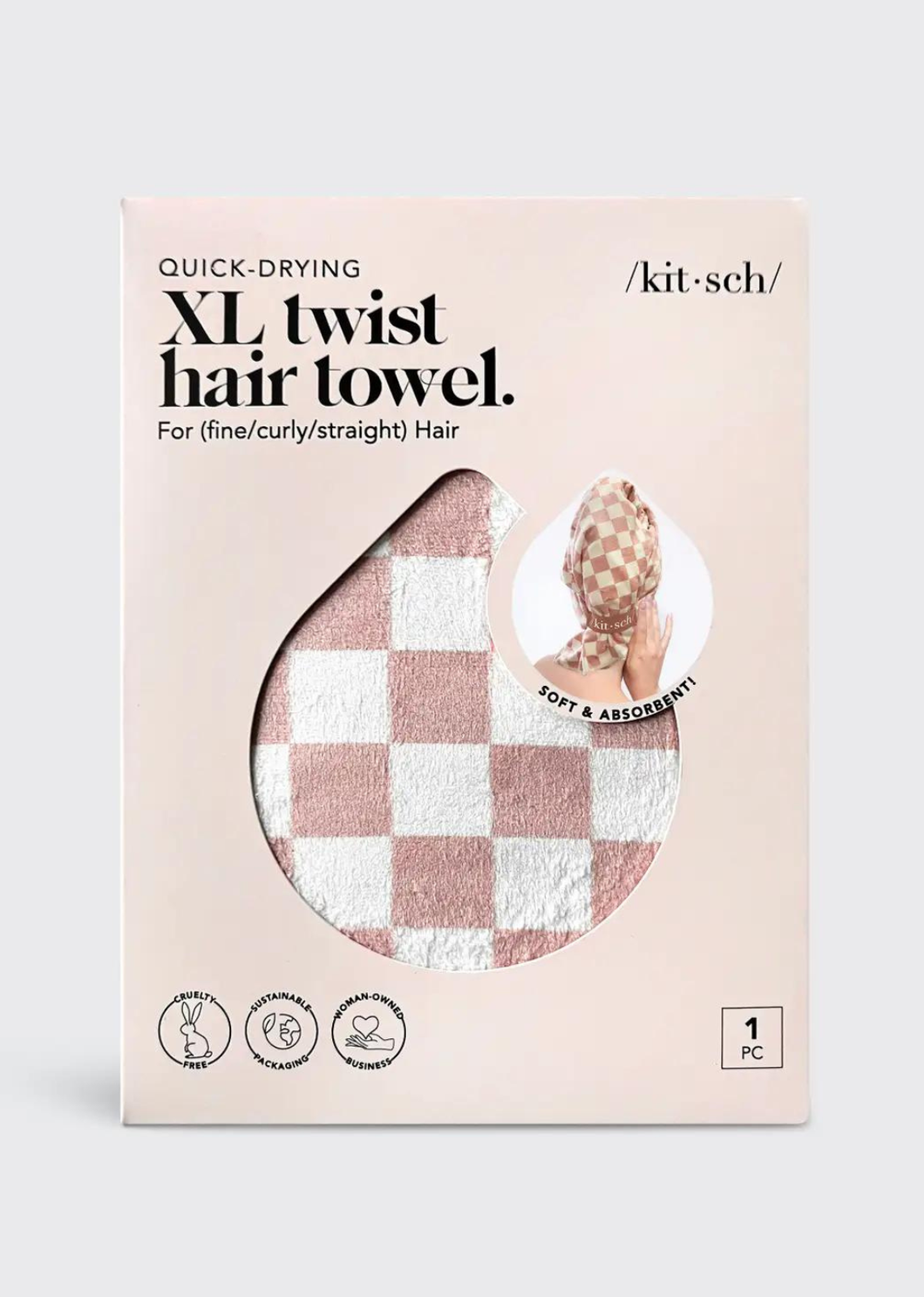 Kitsch Extra Large Quick-Dry Hair Towel Wrap- Terracotta Checker