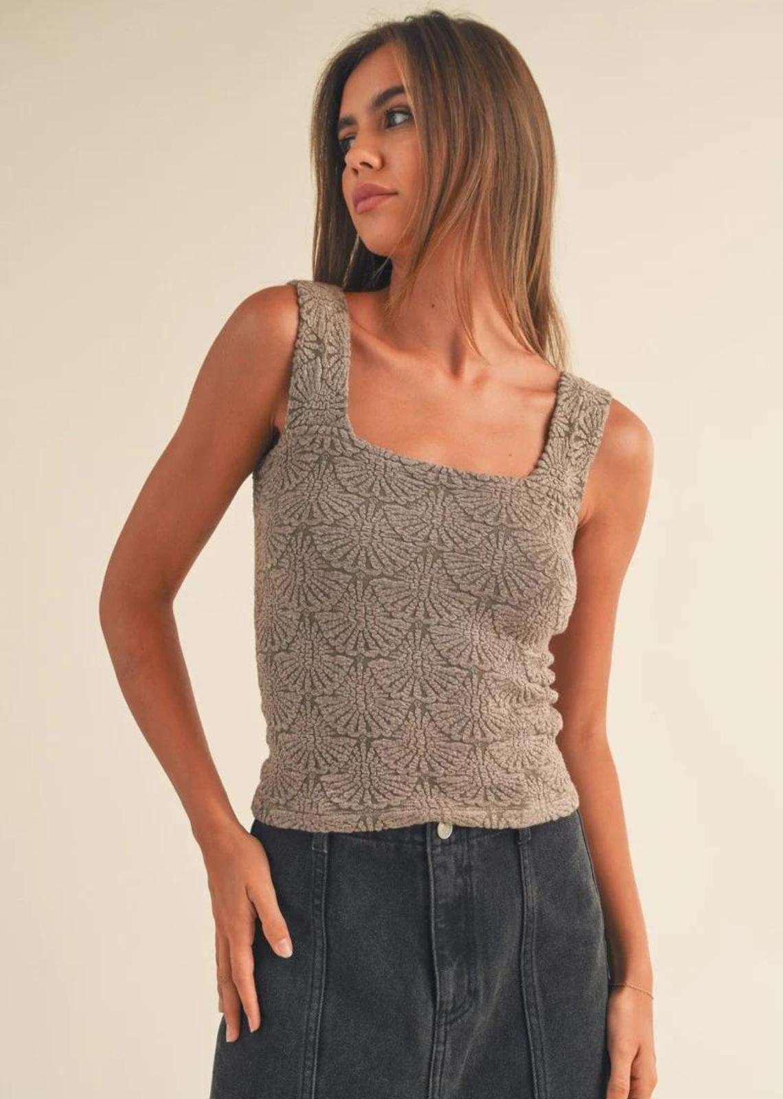 Miou Muse Washed Knit Top - Mocha.  The perfect minimalistic terry cloth like knitted shirt. Subtle details in the shirt which makes it the perfect summer top to dress up or down. 
